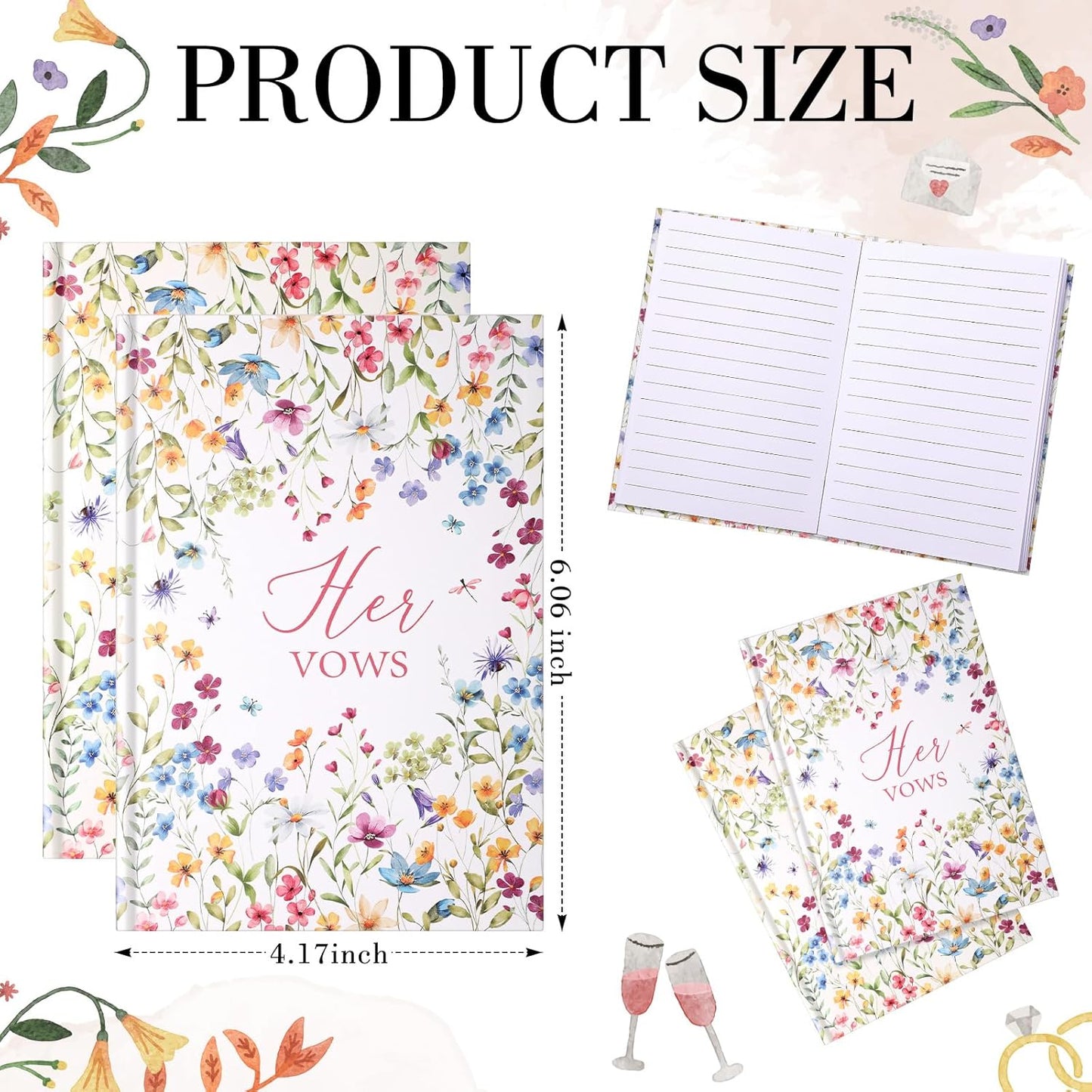 Set of 2 Vow Books His and Hers, Wedding Vow Books (6.06x4.17) Wedding Keepsake Essentials Elegant Bridal Shower Ceremony Gift Elopement Essentials (Colorful,Wildflowers)