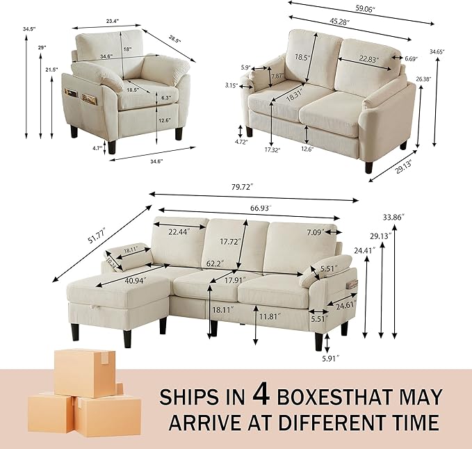 4 Piece Modern Corduroy Sofa Set, L-Shaped Sectional Couch - Image 2