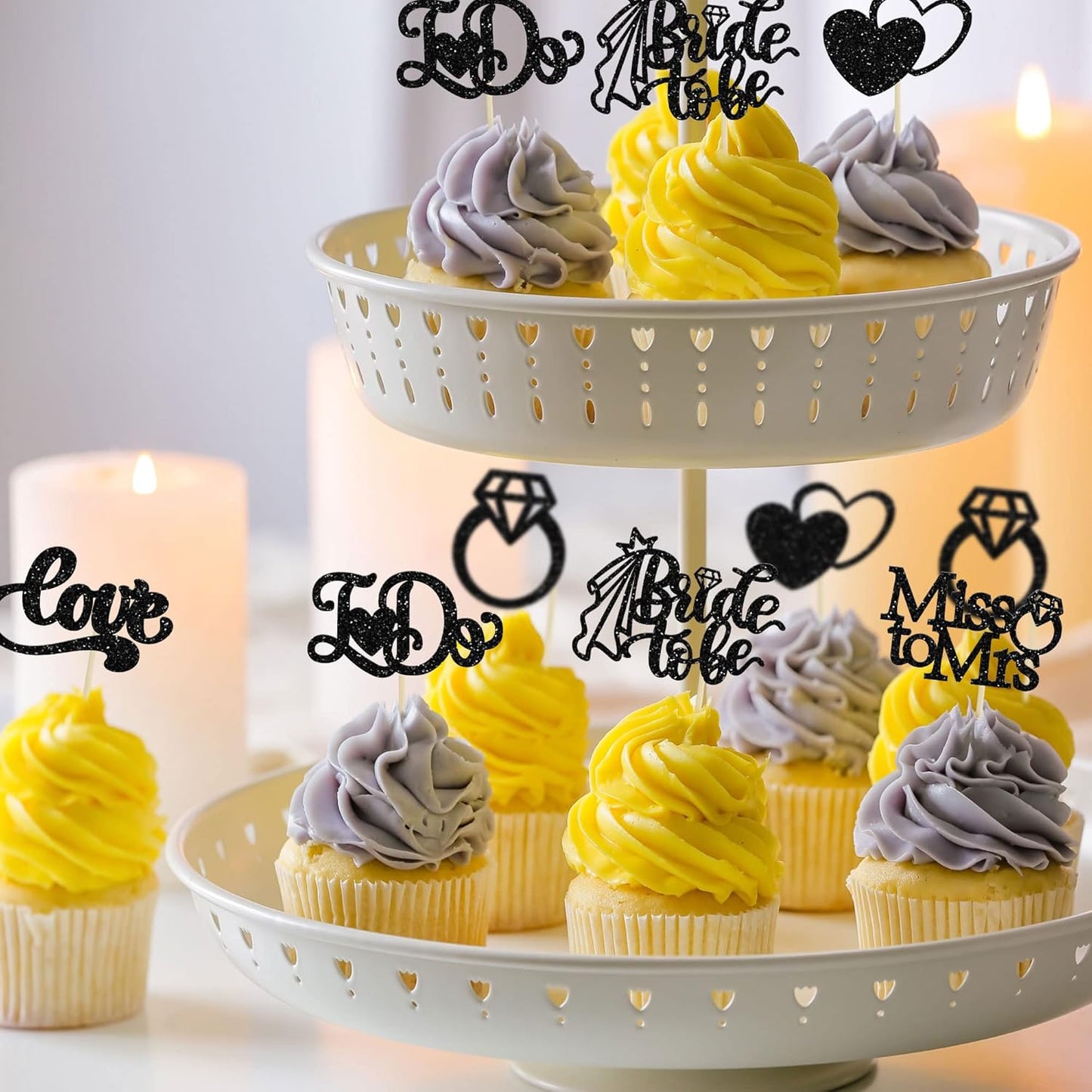 Gyufise 24Pcs Bride to Be Cupcake Toppers Black Glitter I Do Love Heart Ring Miss To Mrs Cupcake Picks Bridal Shower Cake Decorations for Wedding Engagement Bachelorette Party Supplies