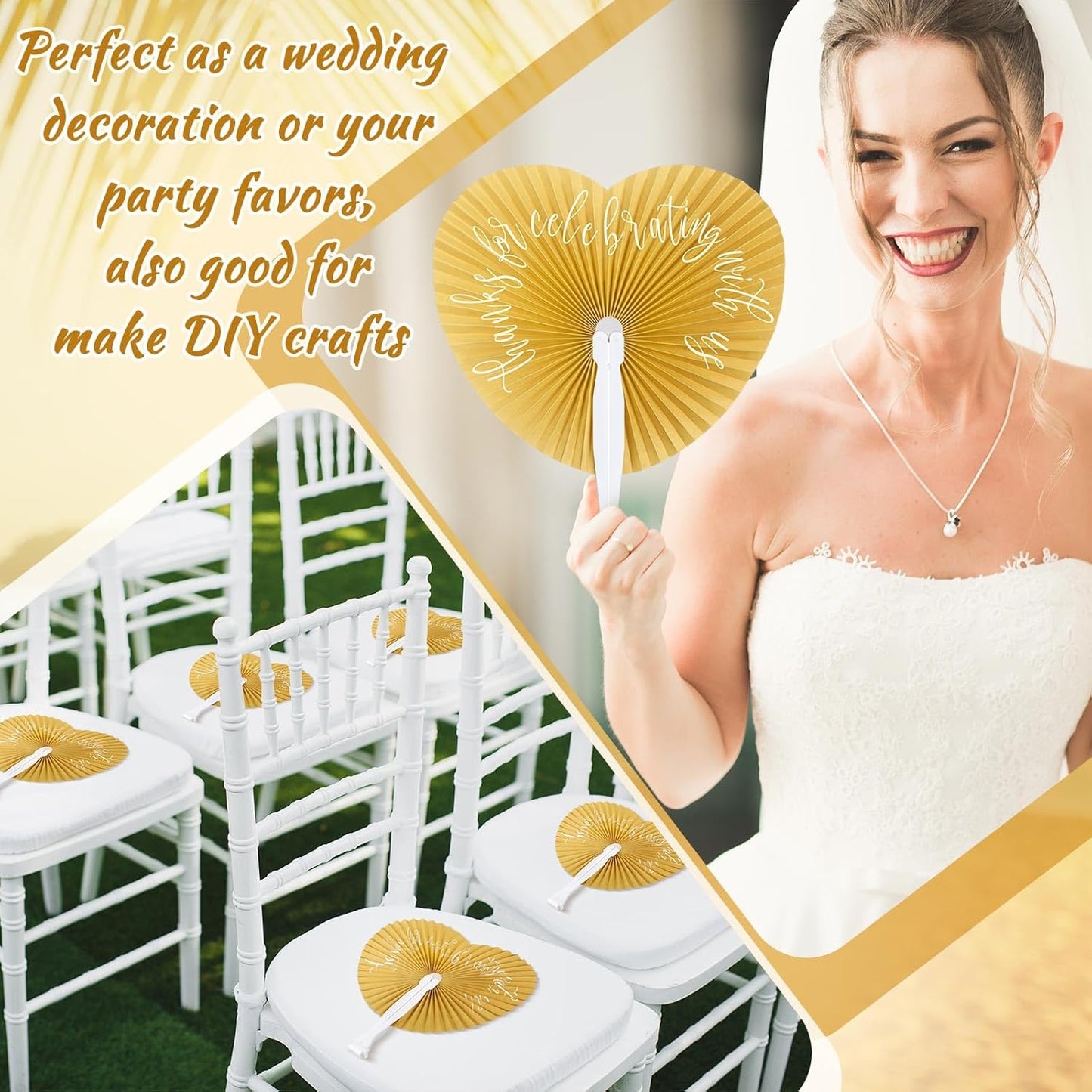 120 Pieces Paper Hand Held Fan Bulk Paper Folding Fans for Weddings Foldable Wedding Fans Bridesmaid Gift for Guest Bridal Shower Dancing Party DIY Craft Photo Props Wall Decoration(Gold,Heart)