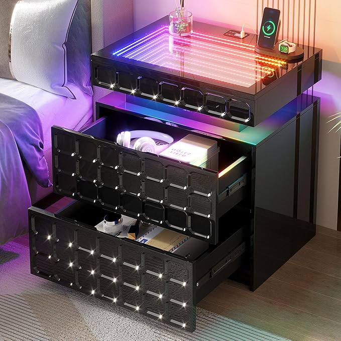Night Stand with Charging Station and Smart RGB Lights, LED Nightstand with by VlsrkaFurniture