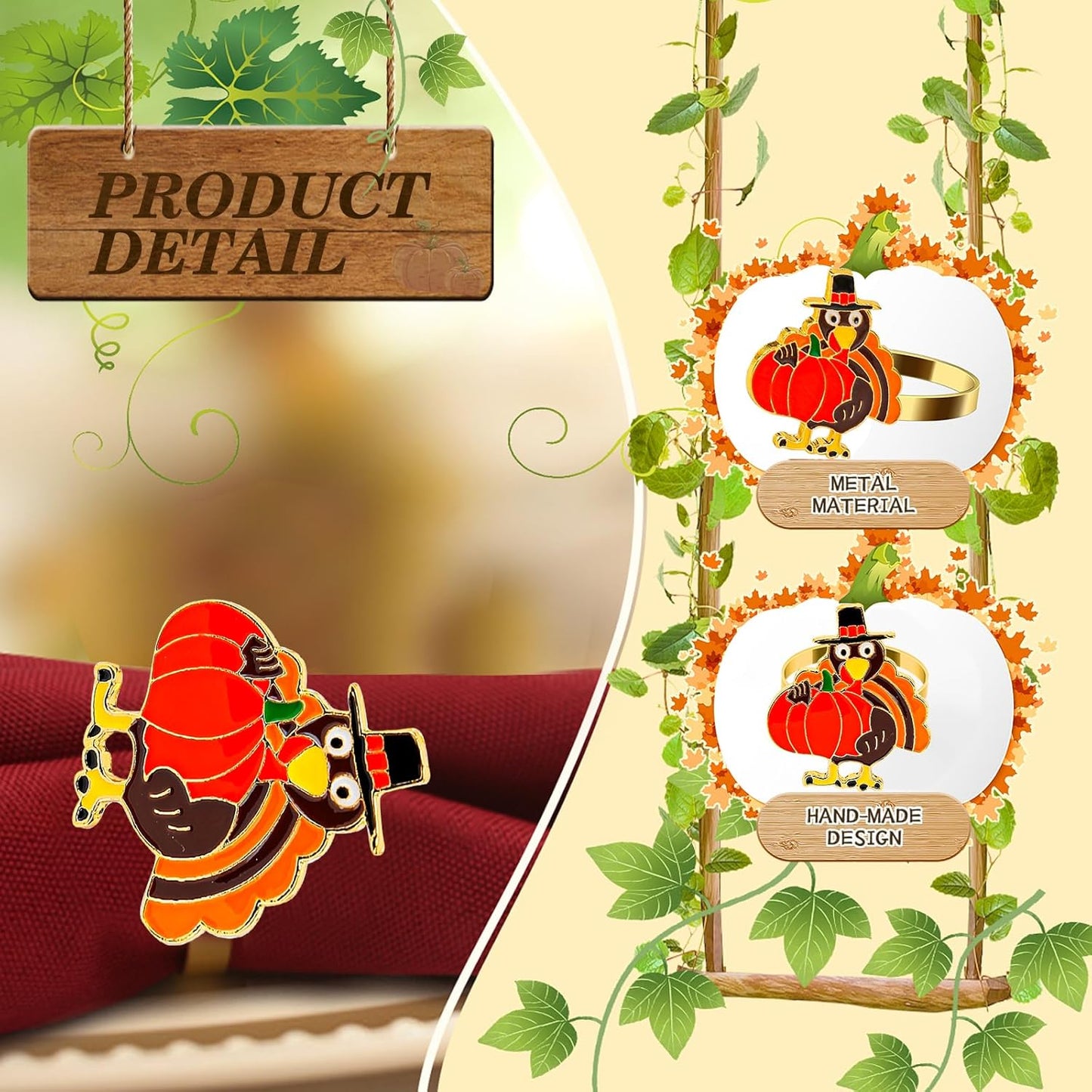 KPOSIYA Thanksgiving Napkin Rings Set of 6, Turkey Napkin Rings Vintage Alloy Fall Napkin Holders for Holiday Dinner Parties, Weddings, Family Gatherings