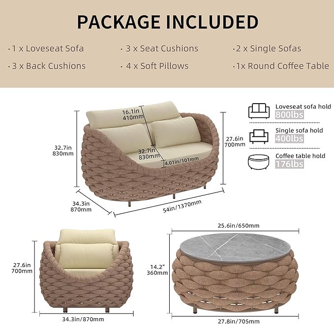 TWT Patio Furniture Sofa Set 4 Pieces Aluminum Outdoor Furniture w/25.6in - Image 2