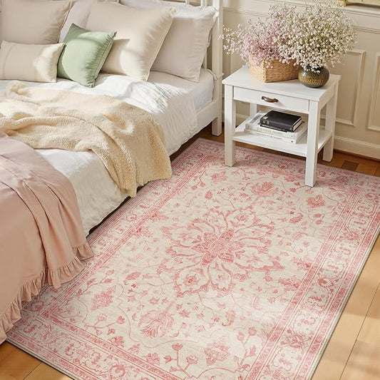 RELEANY Area Rugs 3'x5' Washable Non-Slip, Floral Vintage Distress Print by RELEANY