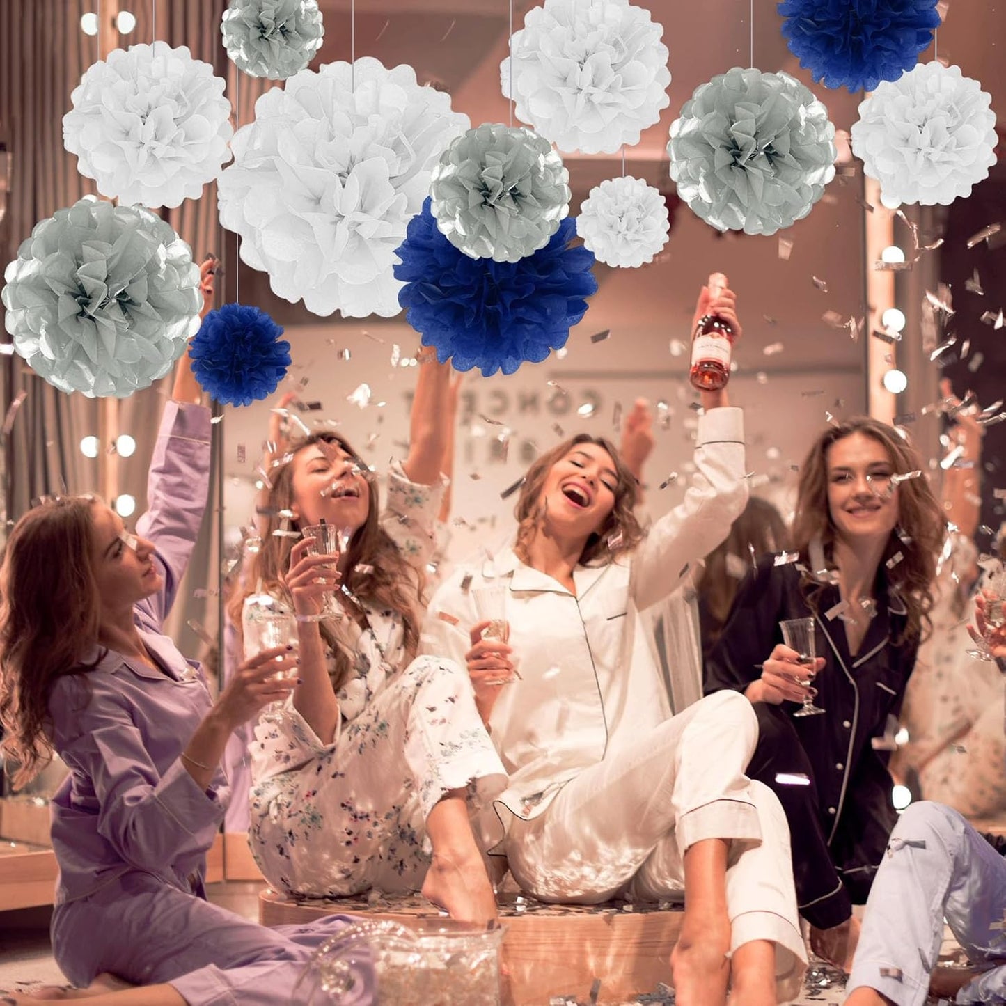 Tissue Paper Pom Poms, Silver Blue White Tissue Paper Flowers, Hanging Flower Balls for Weddings Fiesta Parties Birthday Baby Showers Classroom Bridal Shower Decoration (18Piece Set-6/10/12/14Inch)
