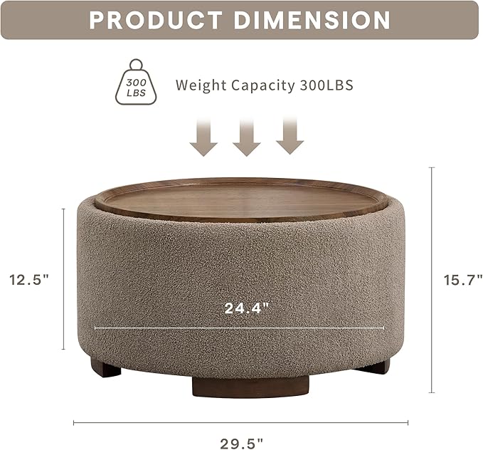 29.5 Inch Round Storage Ottoman Coffee Table, Modern Circle Coffee Table - Image 2