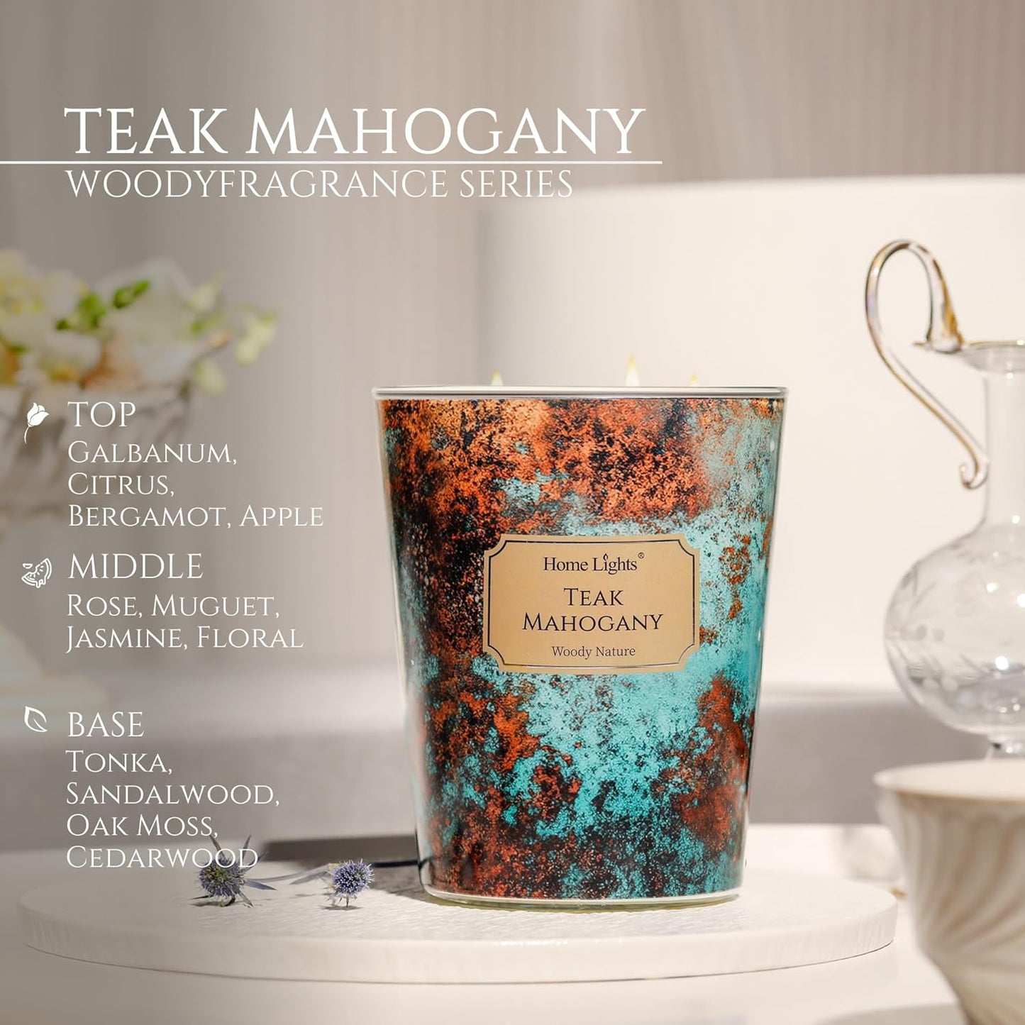 HomeLights Large jar Candle | 3-Wick Long-Lasting Scented Candles, 34oz Natural Soy Wax Candle for Home Scented, Industrial Chic Gifts for Women & Men, Teak Mahogany