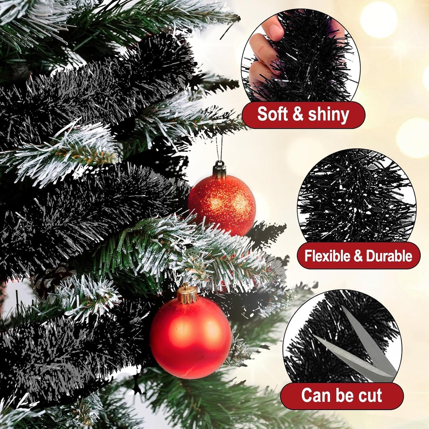 50 Feet Black Christmas Tinsel Garland, Metallic Foil Twist Garland Wall Hanging Tinsel Banner Backdrop for Parade Floats, Easter, Mother's Day, Wedding Party Decorations (2in x 50ft)