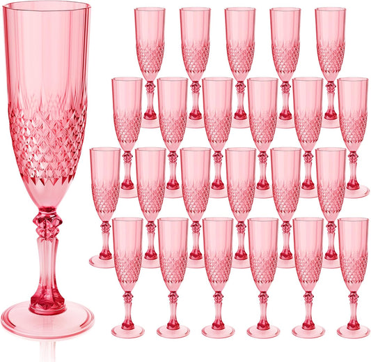 Plastic Champagne Flutes, 24PCS Red Wine Glasses Goblets Cups Reusable Flute, for Weddings Bachelor Parties Toasting and Events(24, Red)