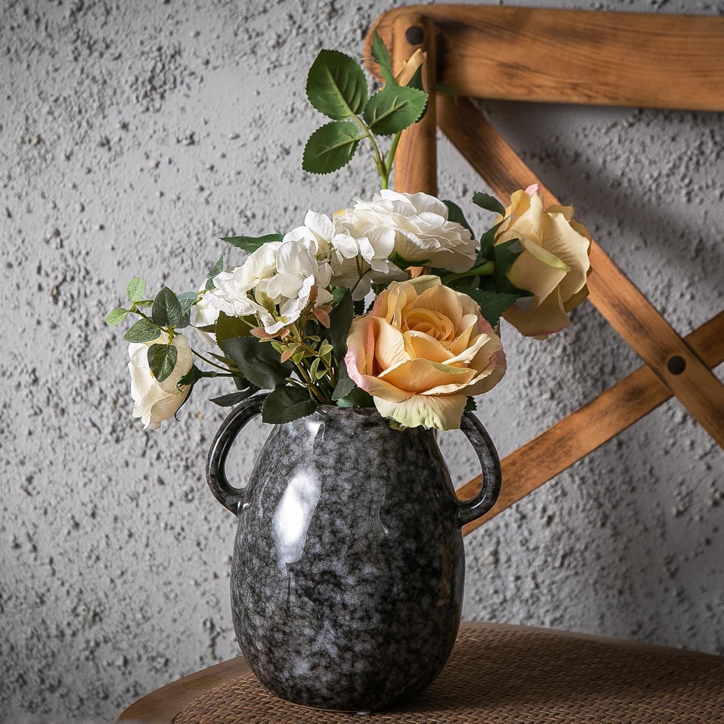Ceramic Modern Farmhouse Vase with 2 Handles, Black Ceramic Vases for Home Decor, Rustic Pottery Vase, Decorative Terracotta Flower Vase, Boho Clay Vase for Table Living Room Shelf Mantel Decor