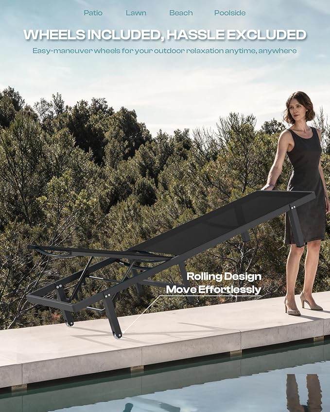 Lounge Chair Outdoor with Wheels, Aluminum Patio Chaise Lounge Chair with 5 - Image 3