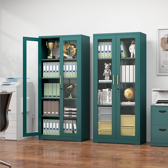 Polup Curio Cabinets with Glass Doors, Tall Bookcase with Adjustable Shelves - Image 2