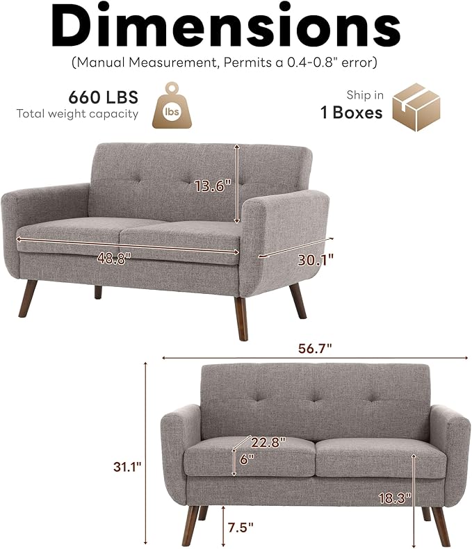 Tbfit 56" W Loveseat Sofa, Mid Century Modern Decor Love Seat Couches - Image 2