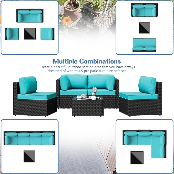Patio Furniture Sets, 5 Piece Outdoor Sectional Sofas, Wicker Rattan Outdoor - Image 6