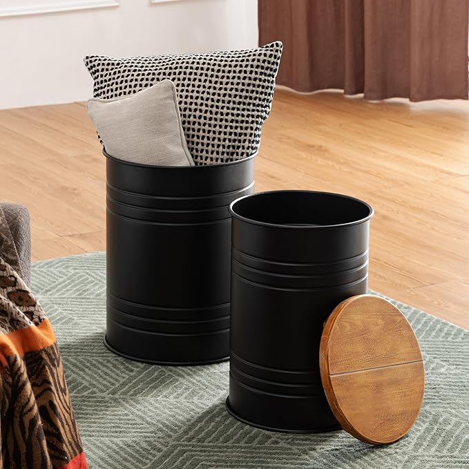 Glitzhome Rustic End Table Set of 2, Farmhouse Galvanized Metal Barrel Ottoman - Image 6