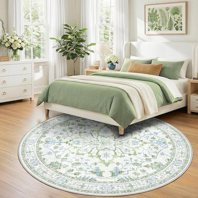 RELEANY Area Rugs Round 8ft Washable Non-Slip, Floral Vintage Distress Print - Image 3