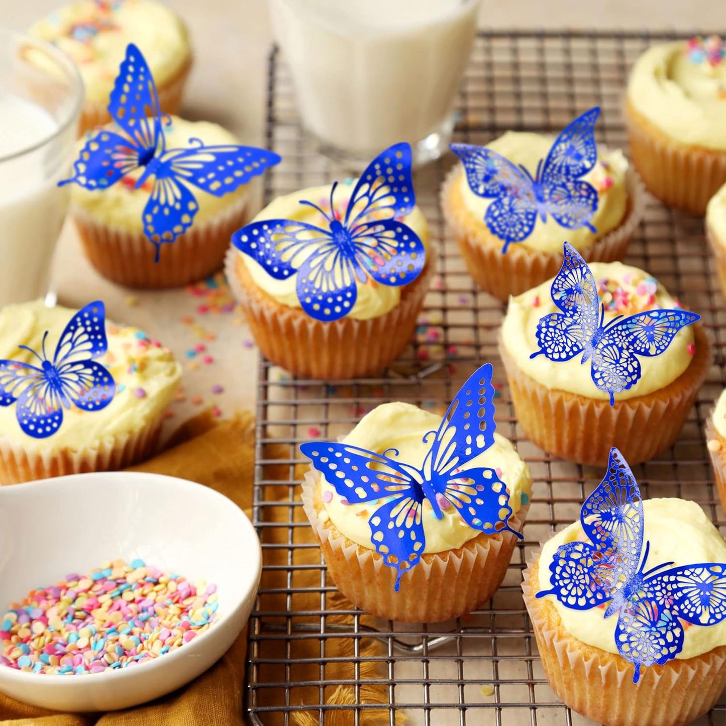 Gyufise 36 Pack Blue 3D Butterfly Cupcake Toppers Hollow Butterfly Cake Decorations for Birthday Wedding Fairy Party Butterfly Wall Sticker Decal for Background Wall Decoration