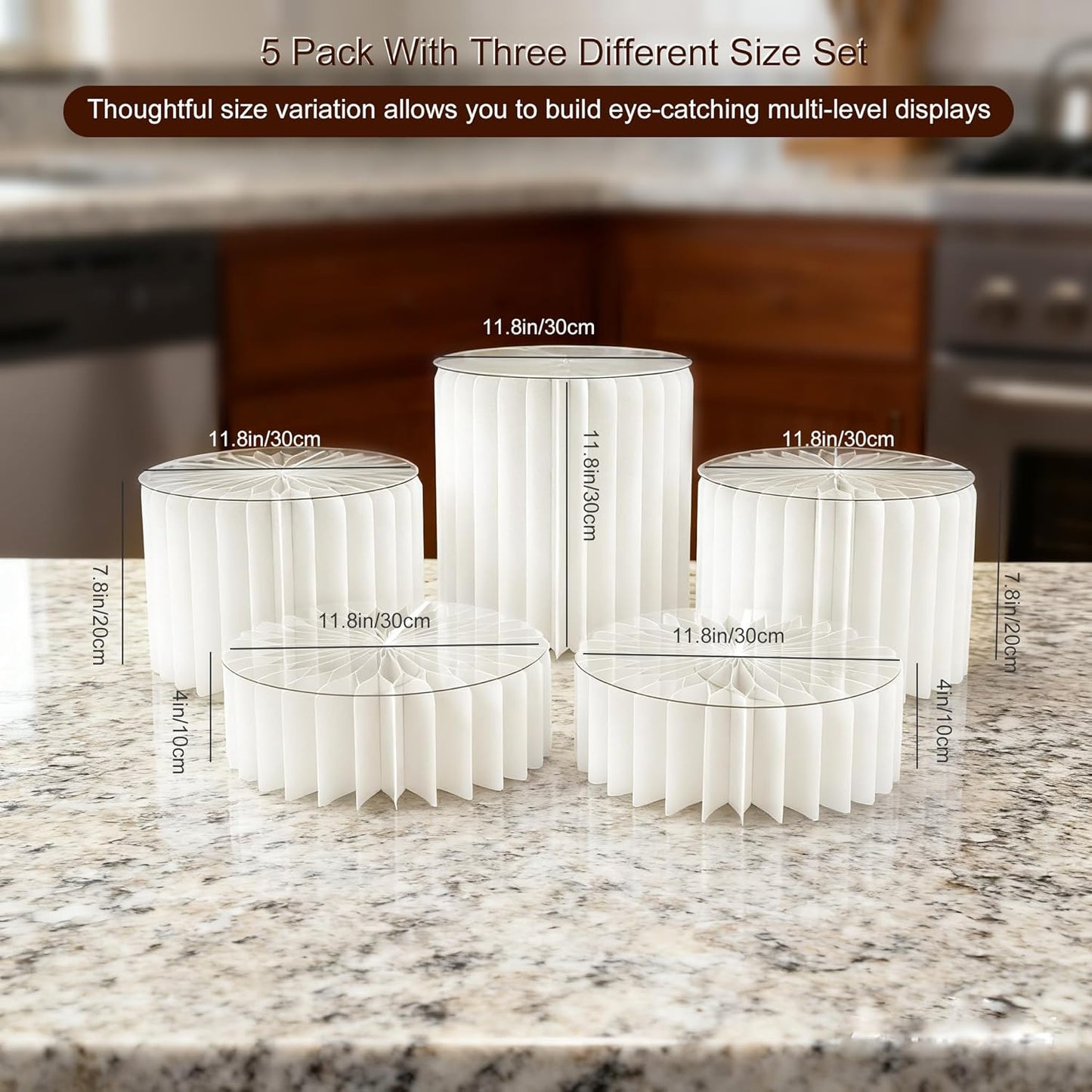 5 Pcs Buffet Risers Food Display Risers for Party Buffet Table, Dessert Table Display Set Cake and Cupcake Stand Combo, Riser Display Stand for Dessert Food Jewelry, White, 4"/8"/12" H