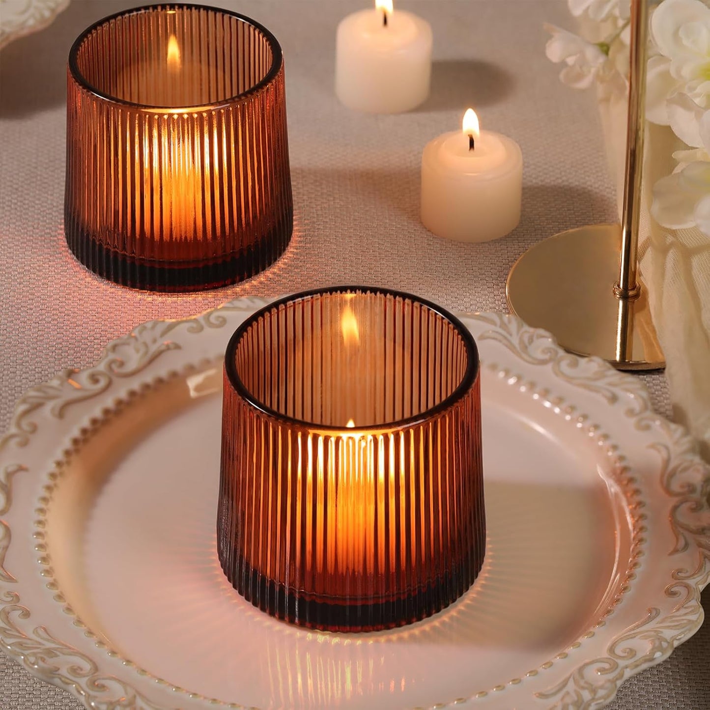 Amber Ribbed Tealight Votive Candle Holders- 6Pack Glass Candle Holders for Table Centerpiece, Home Decor, Wedding Decor, Party Dinner