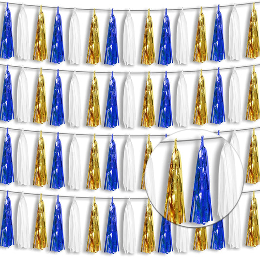 4 Pack Navy-Blue White and Gold Foil Fringe Tassel Banner Garland Metallic Tinsel Streamers Wall Hanging Curtain Backdrop Banners for Parade Floats, 2025 Graduation, Retirement Party Decoratio