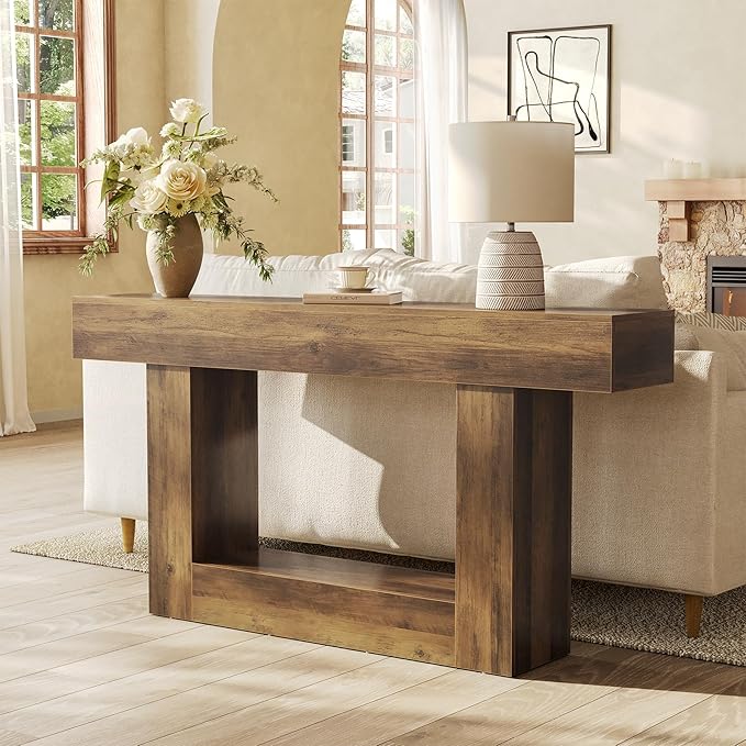 LITTLE TREE 63 Inches Long Console Table, 2-Tier Farmhouse Sofa Table Behind - Image 5