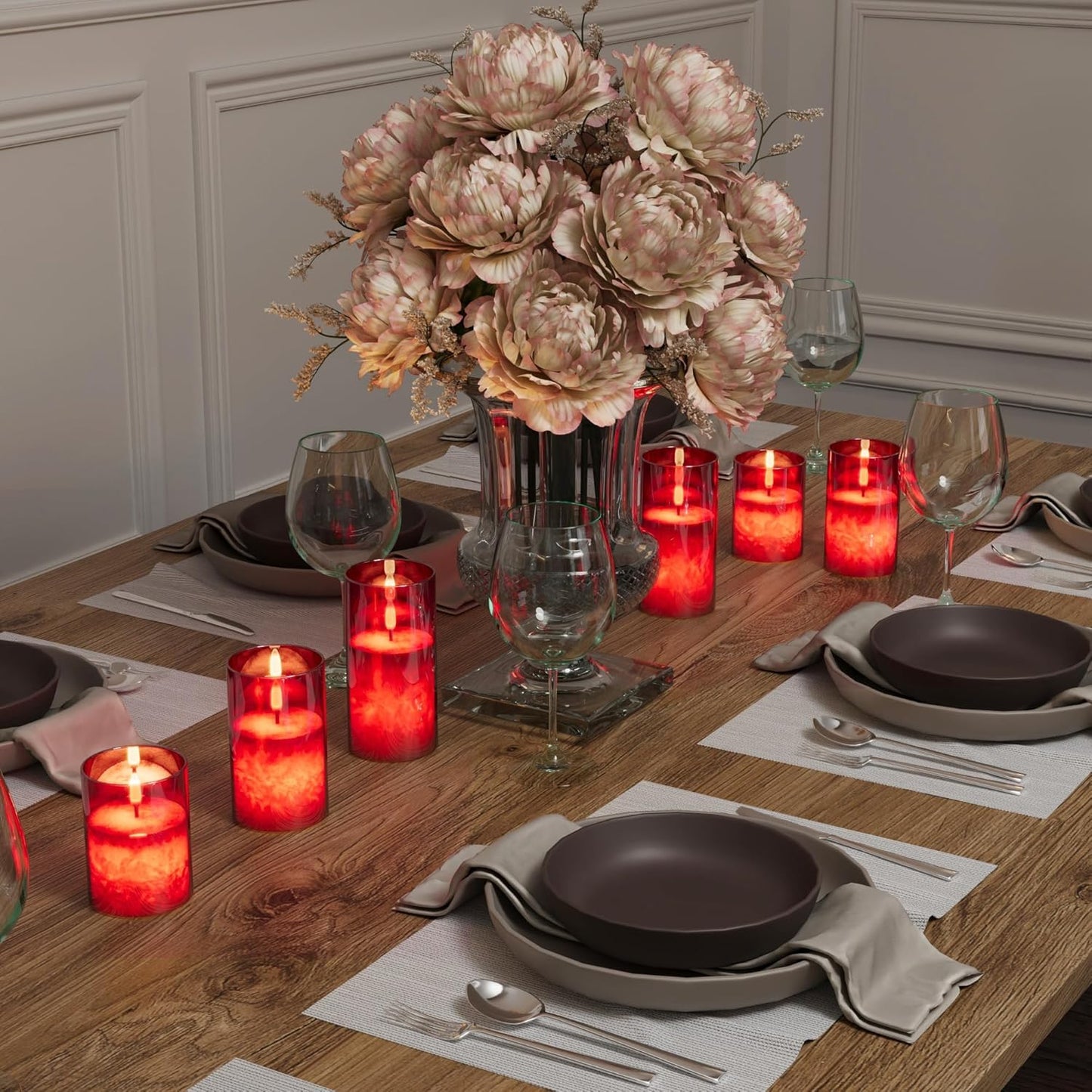 Ice Crystal Real Wax Glass Flameless Candles with Remote & Timer, Battery Operated Candles with Warm Flickering Flame, Realistic LED Candle for Wedding Home Decor [D3×H4/5"/6"] Red, 3Pack