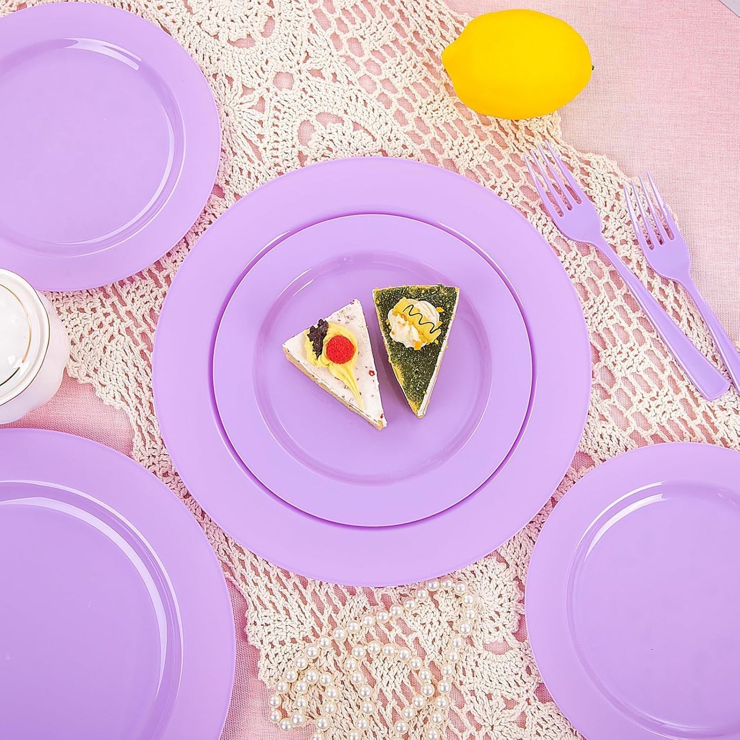 KIRE 150 PCS Purple Plastic Plates - Purple Dinnerware Set Disposable 25 Dinner & 25 Salad Plates 25Forks 25Knives 25Spoons 25Clear Cups for Birthday/Baby Shower