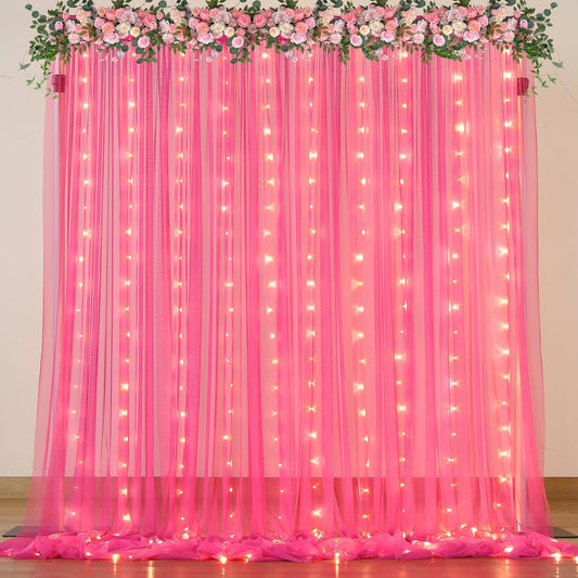 Hot Pink Tulle Backdrop Curtain with Lights for Parties 10x10ft Fuchsia Sheer Backdrop Curtains for Weddings Birthday Baby Shower Photo Shoot Background Decorations