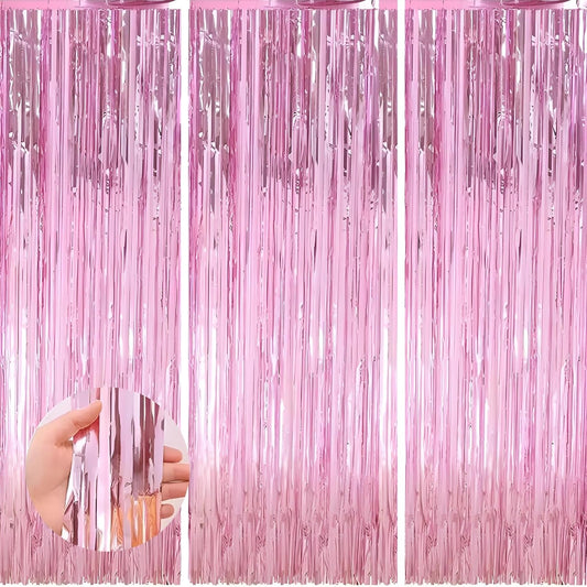 Keyali 3 Pack 3.3 * 8.3 ft Foil Curtain Metallic Tinsel Fringe Curtains Photo Booth Props Backdrop for Birthday Wedding Engagement Baby Shower Christmas Holiday Celebration Partyl,Pink