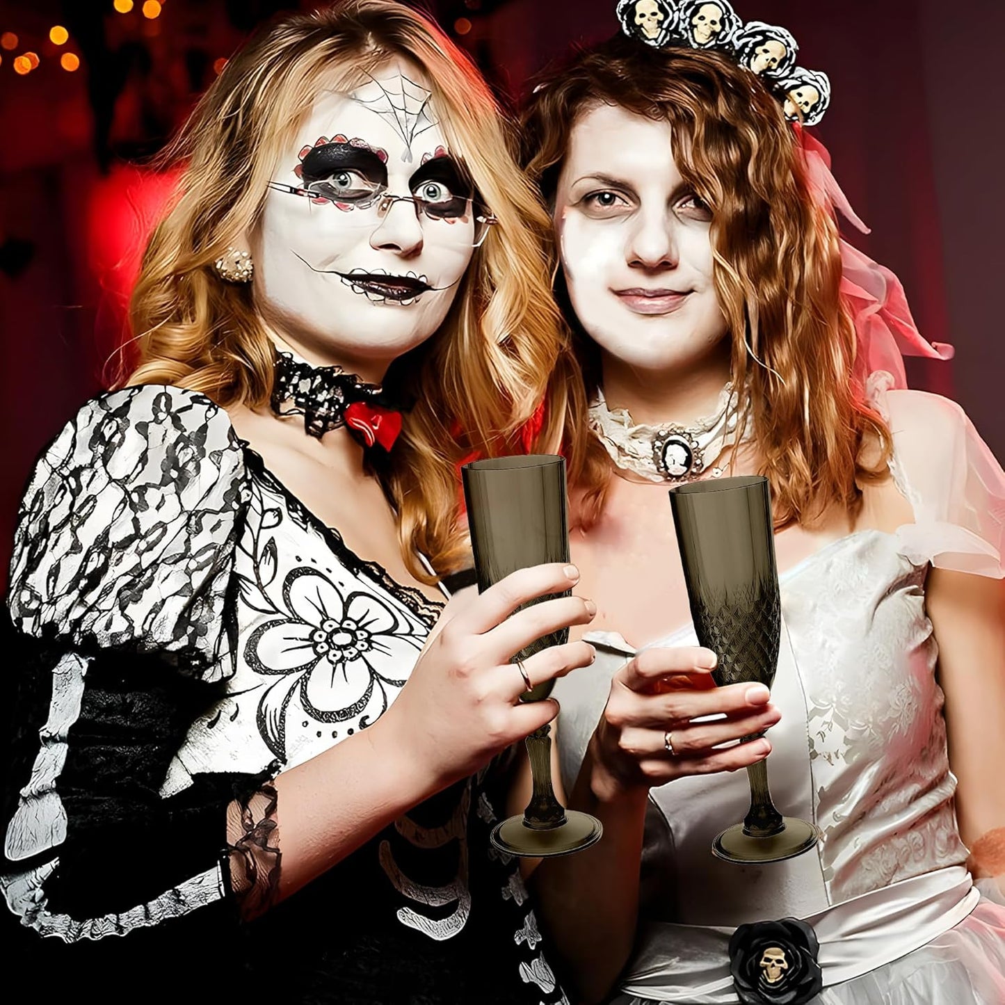 Plastic Champagne Flutes, 24PCS Black Wine Glasses Goblets Cups Reusable Flute, for Halloween Weddings Bachelor Parties Toasting and Events (24, Black)