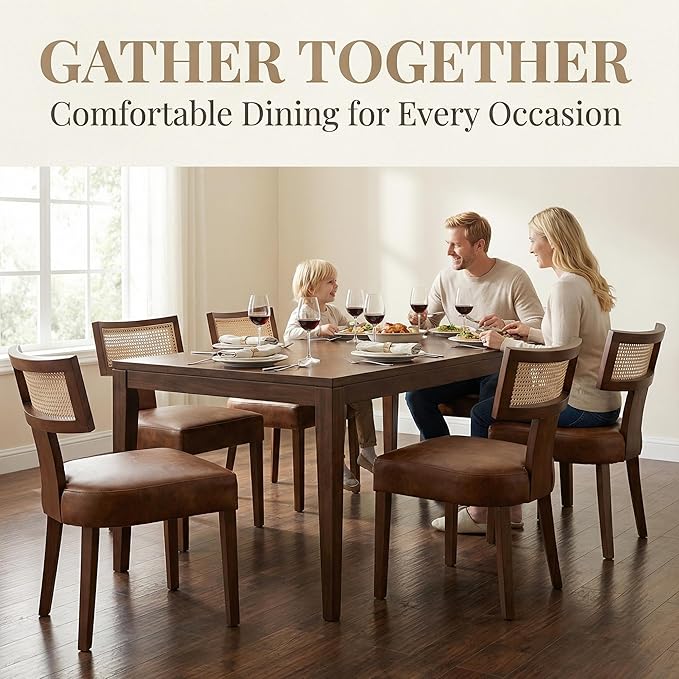 HNY Mid Century Modern Rattan Dining Chairs Set of 6, Farmhouse PU Leather - Image 3