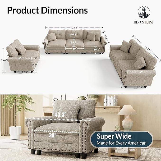 HERA'S HOUSE 3 Pieces Modular Sectional Sofa Sets, Oversized Couch Set - Image 9