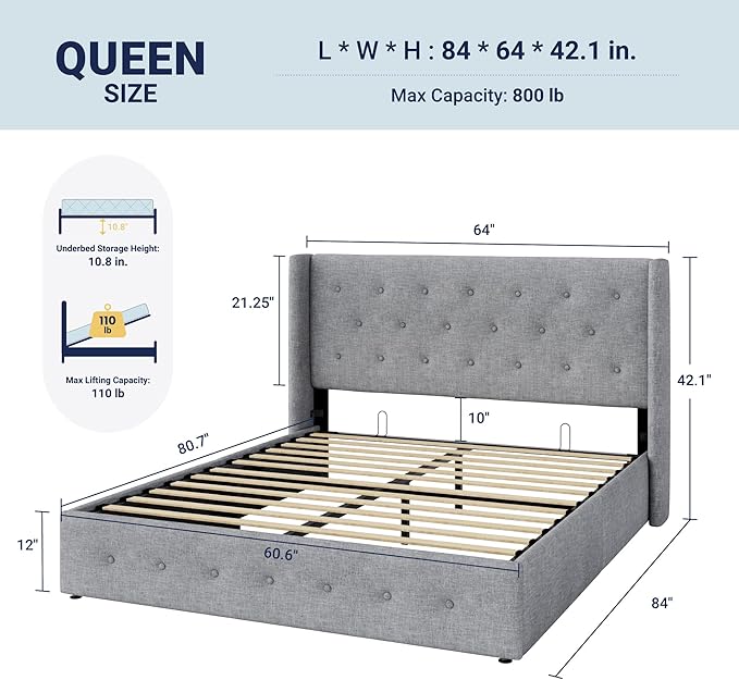 Allewie Queen Size Lift Up Storage Bed, Button Tufted Headboard - Image 2