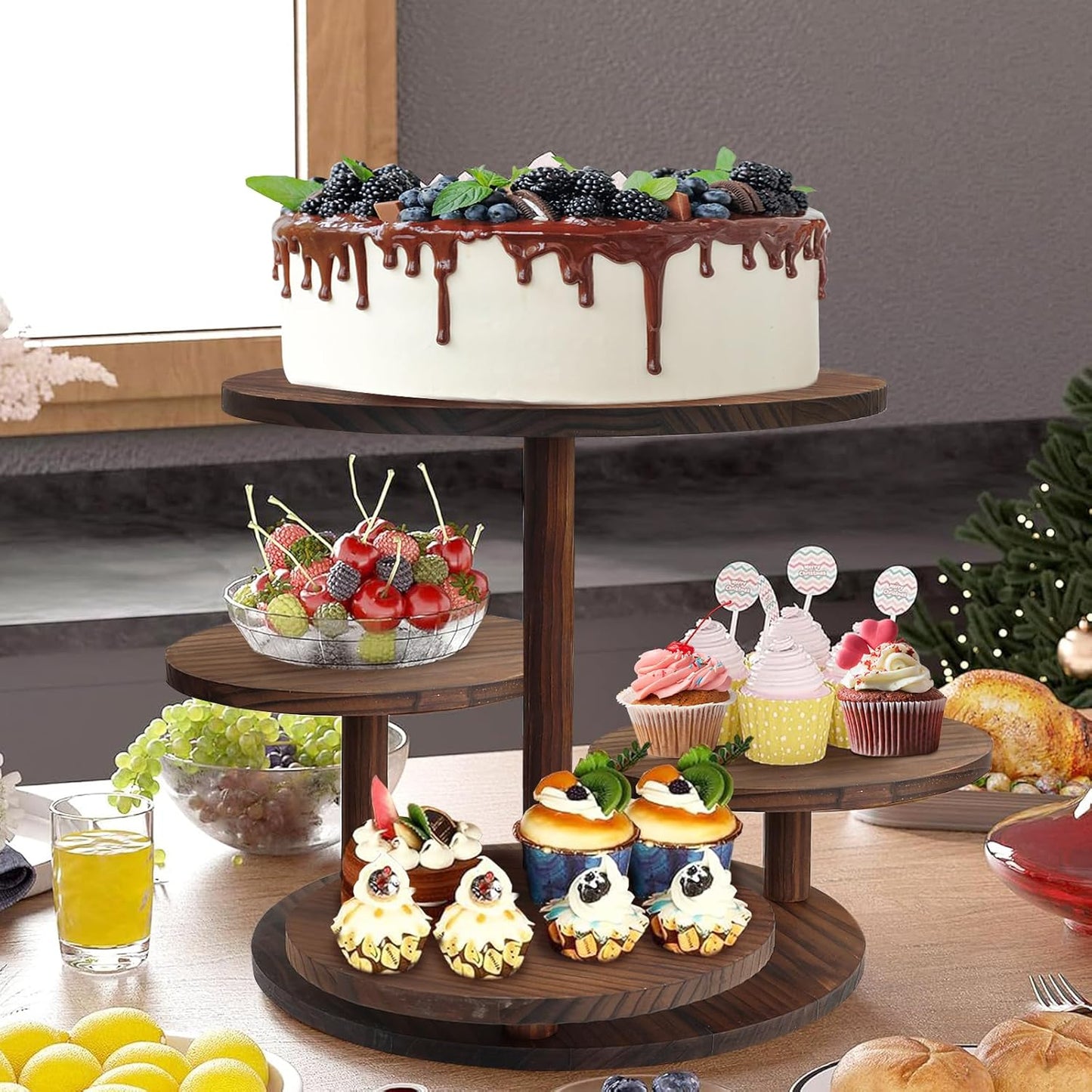 LARDUX Wooden Dessert Table Display Set - 4 Tier Cupcake Stand, 3 Tier Dessert Stand, 2Pcs Round Serving Trays,1Pcs Rectangular Trays for Party, Wedding, Baby Shower