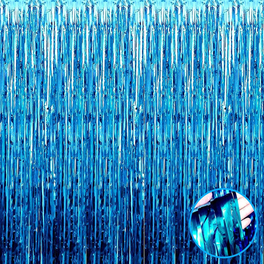 4 Pack Lake Blue Foil Fringe Curtain Backdrop, 3.3Ft x 9.8Ft Metallic Tinsel Foil Fringe Streamers Curtains for Photo Booth, Wedding, Thanksgiving, Birthday, Christmas, Halloween Party Decoration