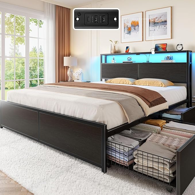 Rolanstar Queen Bed Frame with 4 Storage Drawers, Charging Station and LED - Image 8