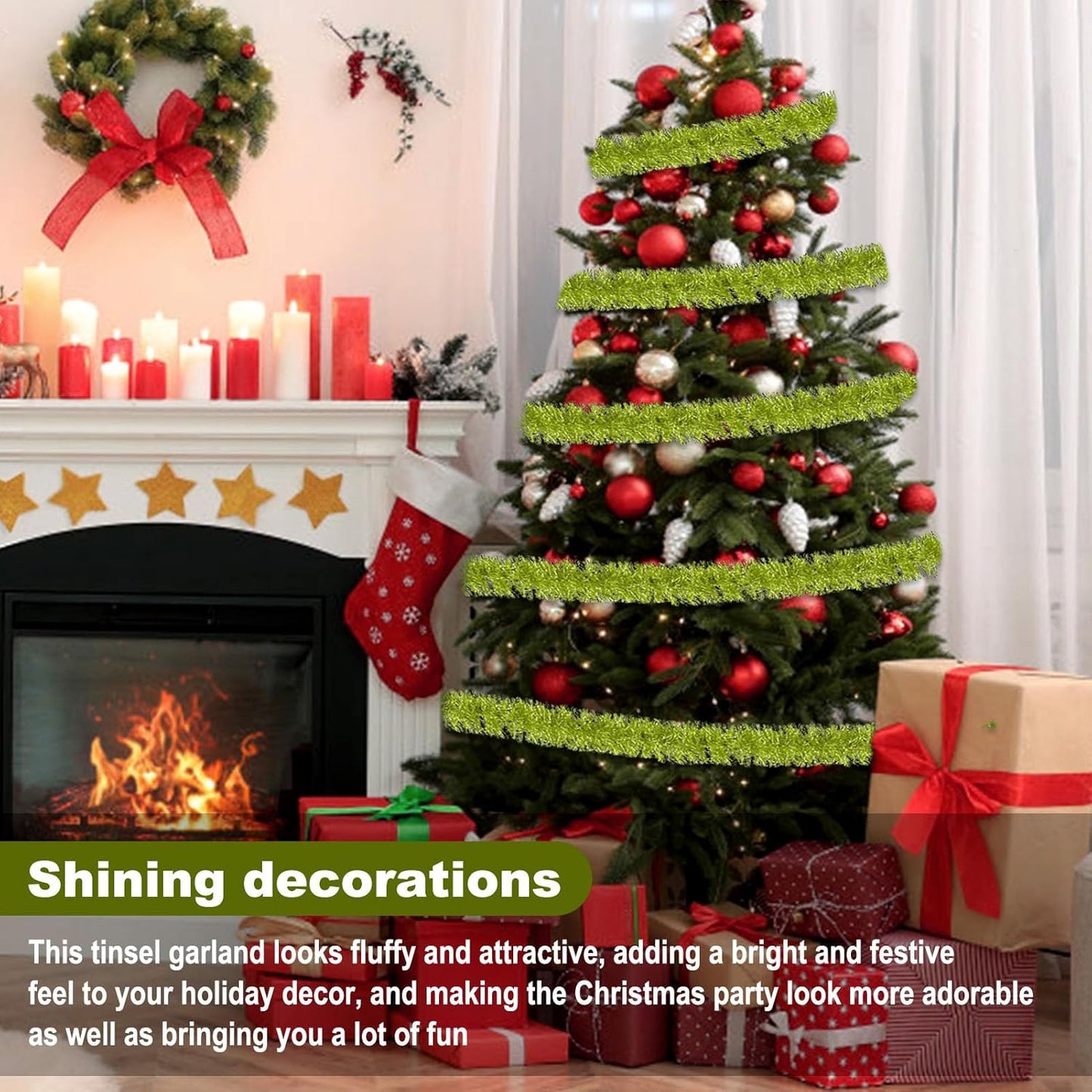 25 Feet Light Green Christmas Tinsel Garland, Metallic Foil Twist Garland Wall Hanging Tinsel Banner Backdrop for Parade Floats, Easter, Mother's Day, Birthday Party Decorations (4in x 25ft)