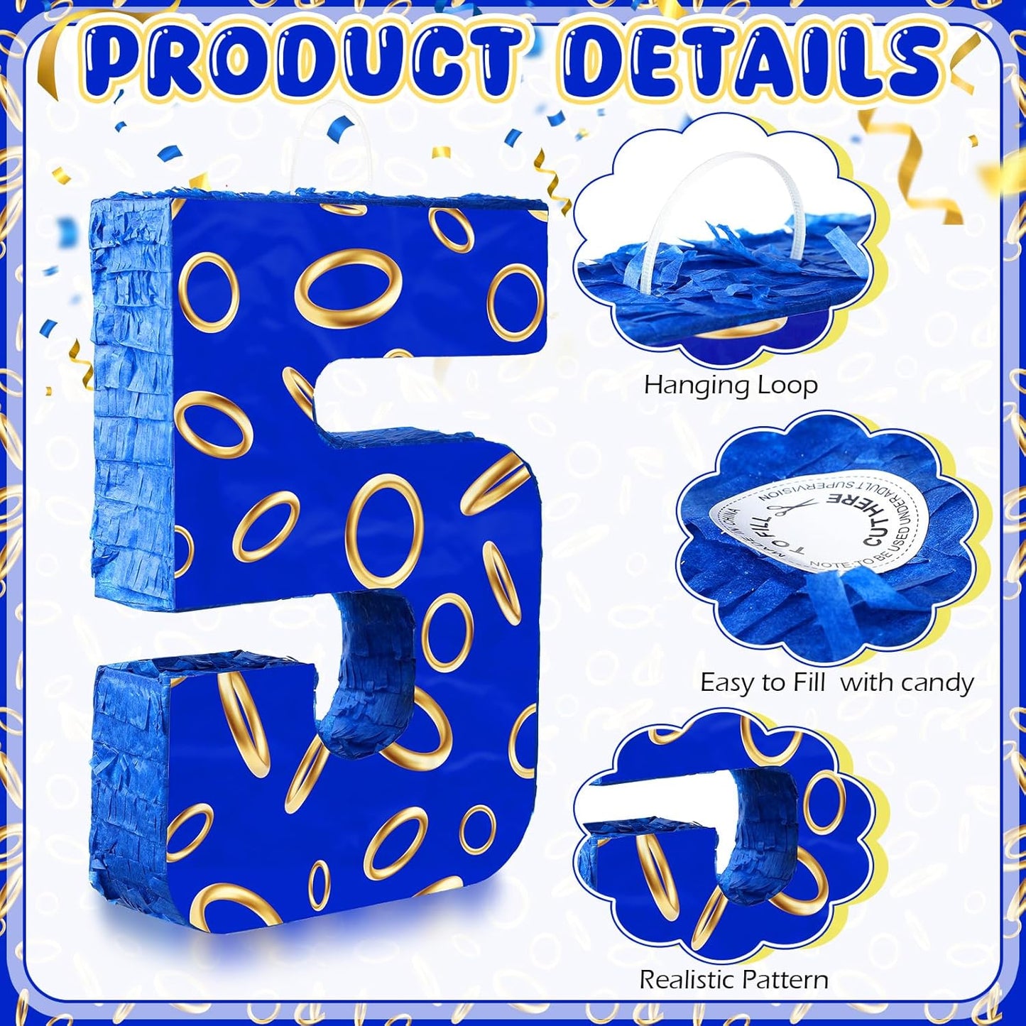 Number 5 Blue and Golden Rings Piñata for Kids Birthday Cartoon Theme Small Piñata with Blindfold Stick Confetti for Fiesta Cinco De Mayo Party Decor, 15.8 x 11 x 2.8 Inch