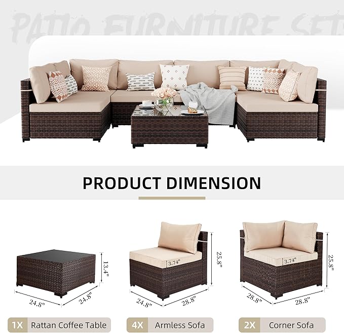 UPHA 7 Pieces Patio Furniture Sets, Wicker Outdoor Sectional Sofa Couch - Image 2