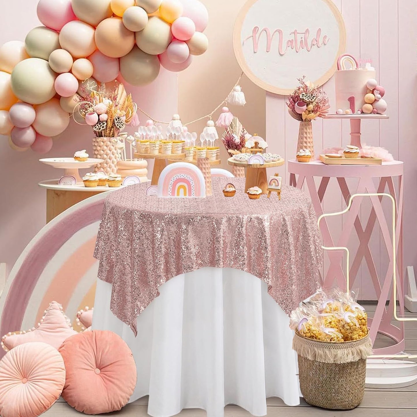 Square Rosegold Sequin Tablecloth- 50x50 inch, Seamless Sparkle and Glitter Party Table Cloth, Shiny&Elegant for Wedding Birthday Ceremony Prom Table Decorations