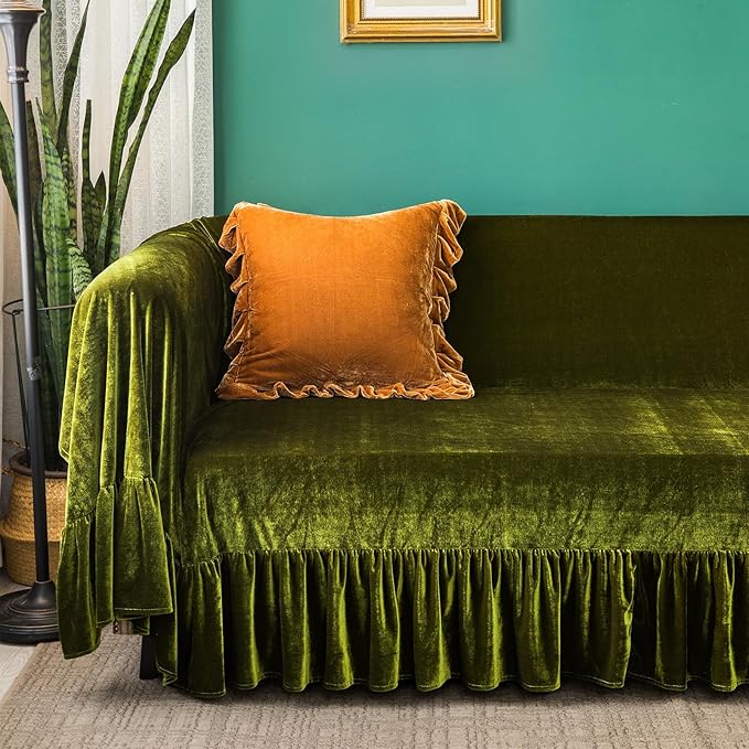 GLORY SEASON Velvet Sofa Cover Soft Decorative Luxurious Solid Exquisite Ruffle - Image 3