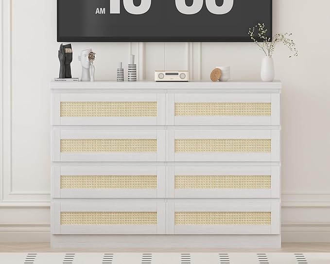 47 Inch Rattan 8 Drawer Dresser, Modern Farmhouse Chest of Drawers, Tv Stand - Image 4