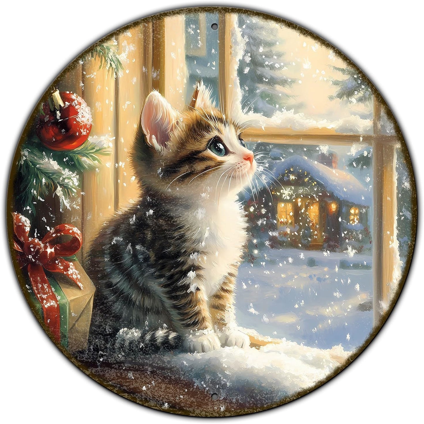 Round Christmas Sign Cats Vintage Metal Sign Christmas Kitten Retro Tin Sign Wall Decor for Home Office Bar Club Man Cave 8 * 8 in