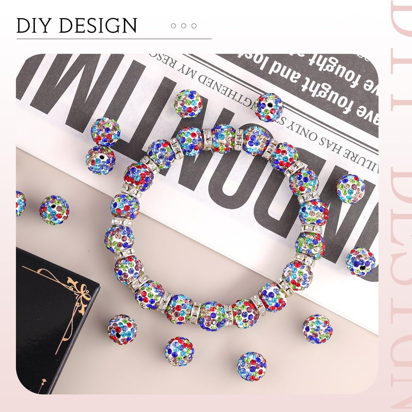 100pcs 10mm Rhinestone Beads for Jewelry Making, White Mixed Shiny Round Shamballa Disco Beads Bulk, Sparkle Crystal Clay Christmas for Bracelet Baseball Necklace Earring Crafting and DIY