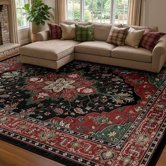 RELEANY Area Rugs 8'x10' Washable Non-Slip, Floral Vintage Distress Print by RELEANY