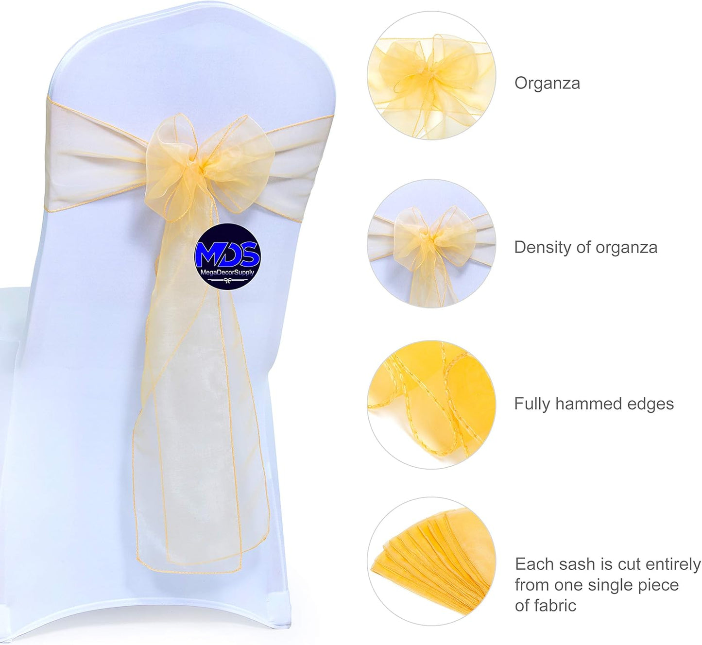 MDS Pack of 50 PCS Organza Chair Sashes Wider Dining Chair Bows Ribbon Tie Back for Wedding Party Birthday Bridal Shower Reception Event Banquet Home Chair Cover Decoration - Gold