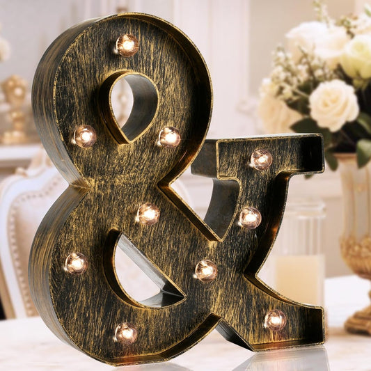 OYCBUZO Golden Black Led Marquee Letter - Industrial, Vintage Style Light Up Alphabet Letter Sign for Cafe Wedding Birthday Party Christmas Lamp Home Bar Initials Decor - &