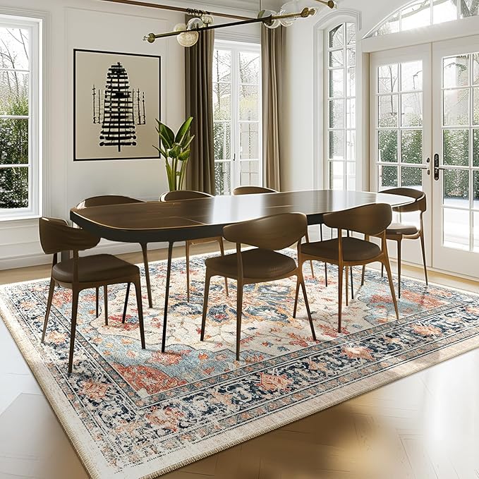 RELEANY Area Rugs 7'x9' Washable Non-Slip, Floral Vintage Distress Print by RELEANY