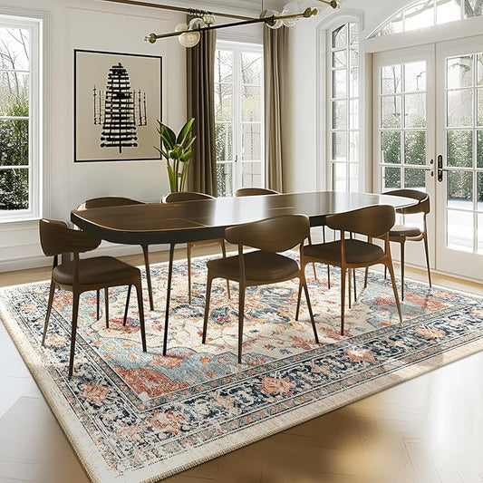 RELEANY Area Rugs 7'x9' Washable Non-Slip, Floral Vintage Distress Print by RELEANY