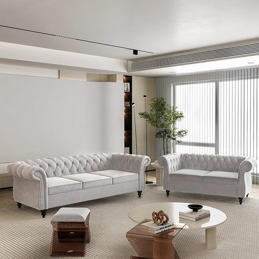2 Piece Living Room Set, Velvet Chesterfield Sofa Loveseat Couch by ORRD
